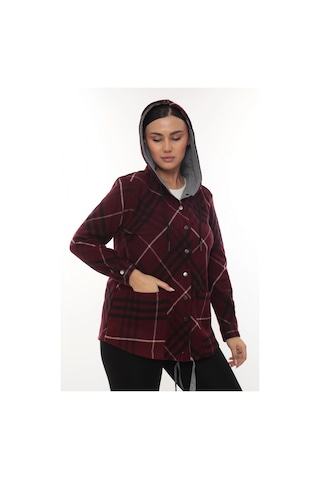 Lady Majestic Büyük Beden Rahat Kalıp Kapüşonlu Oduncu Kadın Gömlek Hırka Bordo