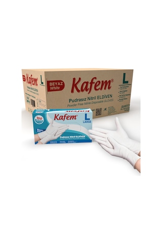 Kafem Beyaz Nitril Eldiven Pudrasız (L) 100 Lü X 20 Paket (Koli)