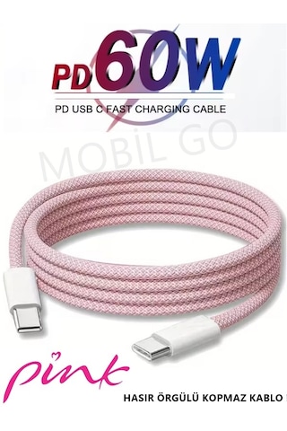 İphone 15-16-17 Pro Max Plus Uyumlu Type-c Hasır Yeni Nesil Hızlı Şarj Kablosu Pembe 100 Cm