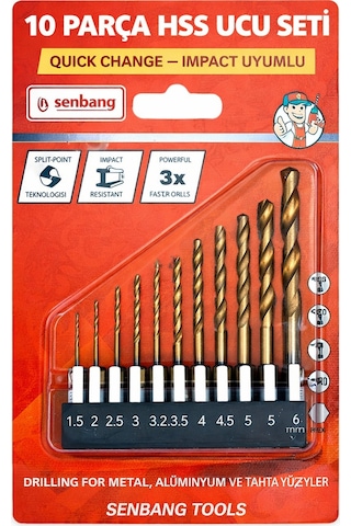 Senbang 10 Parça Hss Impact Matkap Ucu Seti 1.5 6 Mm Quick Change Altıgen Sap Metal Ahşap Alüminyum