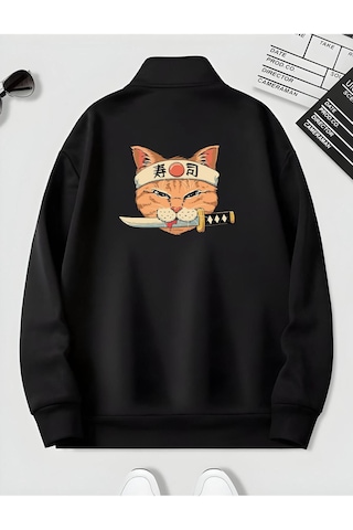 Harmandar Siyah Erkek Hançerli Kedi Sırt Baskı Detaylı Dik Yaka Yarım Fermuarlı Düz Kazak Sweatshirt Siyahhancerkedi