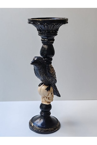 Gotik Tasarım Siyah Kuş Ve Kafatası Şamdan, Mumluk, El Yapımı, Ev Dekoru Siyah