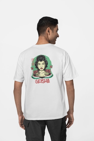 Geyşa Kadın Ön-arka Baskılı %100 Pamuk Beyaz Kadın/erkek Unisex Rahat Kalıp Oversize T-shirt Beyaz