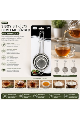 Lunaev 3 Parça Set Mini - 5 - 7 - 8 Cm Tel Süzgeç Metal Çerçece Metal Sap - 8.5 - 10.5 - 10.5 Cm 50 x 22