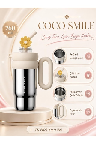 Cocosmile Cs-8827 Krem Bej 760 Ml Çift İçim Paslanmaz Çelik Termos Mug Matara Askılı