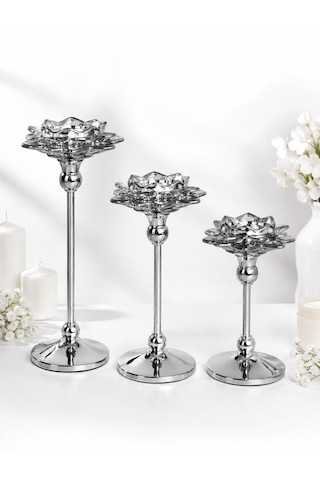 Chacha Home 3'lü Metal Ayaklı Lotus Kristal Cam Şamdan Mumluk Seti 29 Cm - 24 Cm - 19 Cm - Dekoratif Nilüfer Çiçeği Mum Standı Gümüş