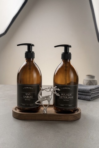 Amber Şişe Sabunluk Cam İkili Sıvı Sabun-bulaşık Deterjanı Mutfak Düzenleyici Lüks Gümüş Geyik Ahşap Stand 500ml