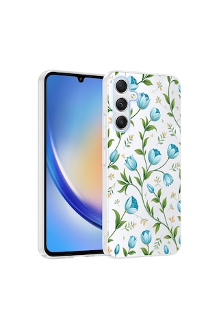 Samsung Galaxy Uyumlu A25 Kılıf Kamera Korumalı Desenli Zore Klip Kapak - Mavi Lale -