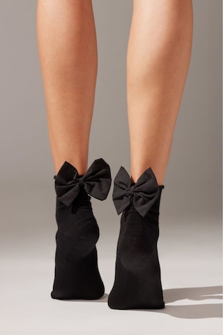 Heleni Kadın Bambu Siyah Fiyonklu Siyah Soket Çorap Siyah