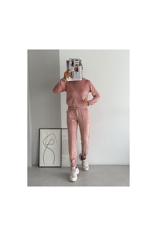 Winmoda34 Kadife Eşofman Takımı Kapişonlu Fransız Kadife Yumoş Toz-pembe