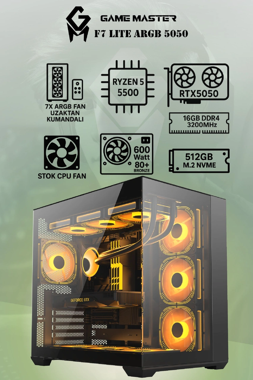 Game Master F7 Lite Argb R5-5500 16 GB 512 GB SSD RTX5050 Free Dos Masaüstü Oyuncu Bilgisayarı