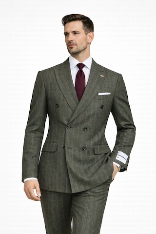 Fabıo Cassel Çizgili Kruvaze Erkek Takım Elbise Slim Fit Fıstık Yeşili
