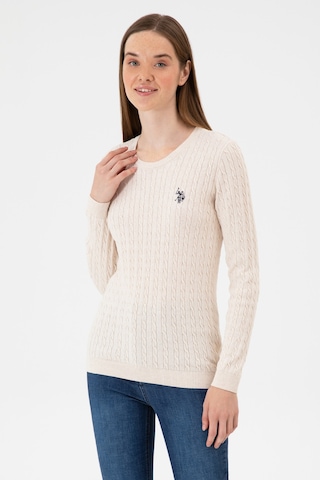 U.S. Polo Assn. Kadın Krem Melanj Bisiklet Yaka Basic Kazak 50313626-VR159
