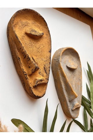 Özel Tasarım El Yapımı Taş Heykel Soyut Yarım Yüz Maske 2'li Set, Duvar Dekor, Modern Ev Ve Ofis Dek