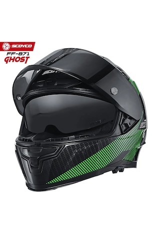 Scoyco FF871 Ghost Güneş Vizörlü Kapalı Kask Parlak Siyah - Yeşil L