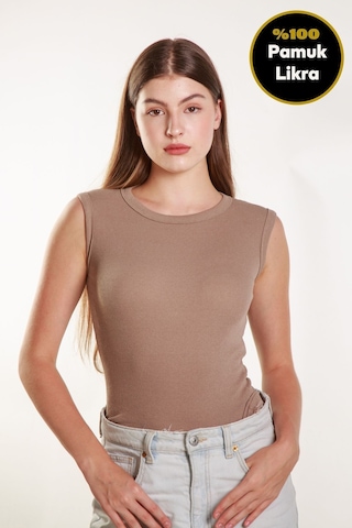 Kadın Vizon Fitilli Likralı Sıfır Kol Bisiklet Yaka Örme Atlet Tshirt Bluz Vizon