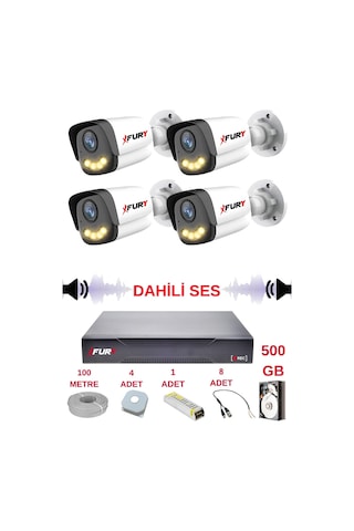 Fury 4 Lü Sesli Gece Renkli Görüş Güvenlik Kamerası Su Geçirmez Güvenlik Kamerası Seti 5590s 500gb