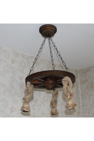 Otantik Çarşı Ahşap Halatlı Teker Avize 40 Cm 3'Lü