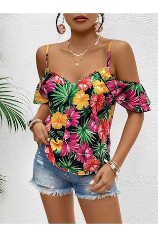 Munn Collection Kadın Askılı Omuzlardan Açık Çiçek Baskılı Bluz Desenli