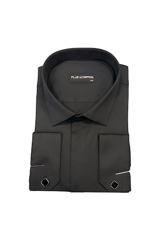 Erkek Klasik Gömlek Pamuklu Esnek Kumaş,slim Fit Uzun Kollu, Fransız Manşetli Plus Scorpion Siyah