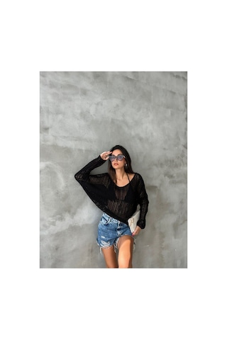 De Pose Ajurlu Sonbahar Triko Oversize Bluz Kazak Siyah