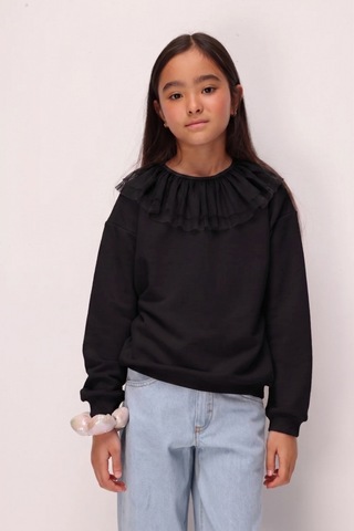 Le Mabelle Siyah Tül Yaka Detaylı Kız Çocuk Sweatshirt - Zora Siyah
