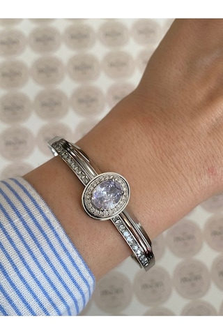 Pinery Jewels İri Taşlı Gümüş Modern Paslanmaz Çelik Kelepçe Bileklik Günlük Ve Altın