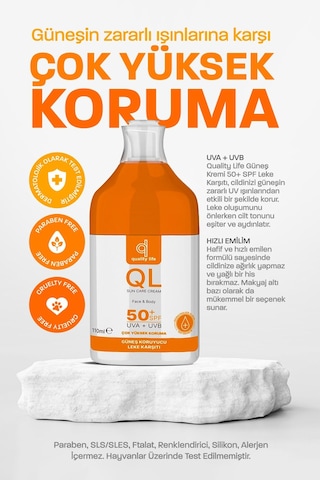 Quality Life Leke Karşıtı Su Bazlı Yüz Güneş Kremi SPF50 110 ML