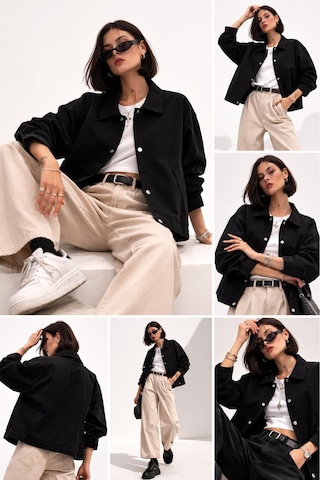 Kadın Oversize Basic Gabardin Mevsimlik Polo Yaka Ceket-385 Siyah