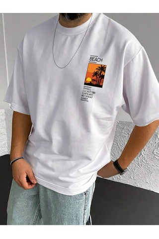 T-shirt - Beach Baskılı Oversize Bisiklet Yaka Kısa Kol Tişört Beyaz T-shirt - Beach Baskılı Oversize Bisiklet Yaka Kısa Kol Tişört Beyaz