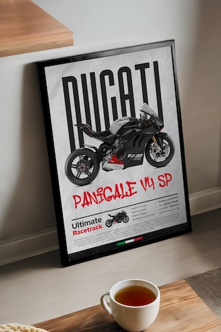 Ducati Panigale V4 Sp Siyah Ahşap Çerçeveli Poster, Dekoratif Motosiklet Duvar Tablosu Çok Renkli