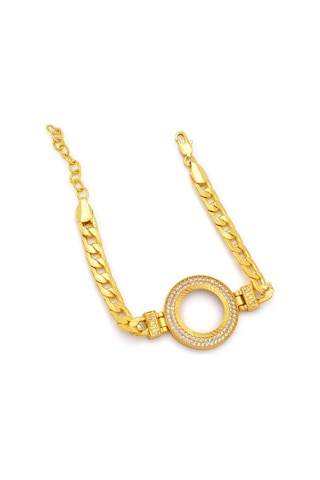 Altın Kaplama İmitasyon 2 Sıra Zirkon Taşlı Desenli Figaro Çeyrek Çerçeve Bileklik Blk-1169 Altın