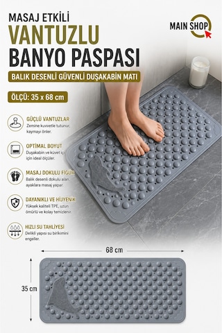 Mainshop 1 Adet Vantuzlu Banyo Ve Duş Kaydırmazı Duşa Kabin Küvet Içi Paspası Balık Desenli 35 X 68 Cm M-10 Gri
