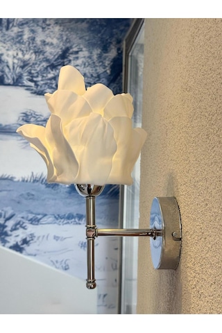 Beyaz Anemon Tasarım Kablosuz Pilli Aplik - Alt Gümüş Tüm Boy 35 Cm Beyaz