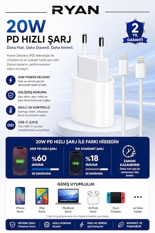 20w Usb-c Pd Hızlı Şarj Adaptörü + Lightning Şarj Kablosu İphone Uyumlu Hızlı Şarj Seti 20W Adaptör+1M Kablo