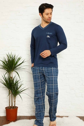 Farya Home Dreamy Ekoseli Kısa Kollu V Yaka Cepli Erkek Pijama Takımı Lacivert Beyaz Beyaz - Lacivert