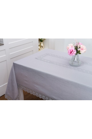 Finezza Jena Lüx Dantelli Simli Keten Kumaş Gri Masa Örtüsü  160x220 cm -1470