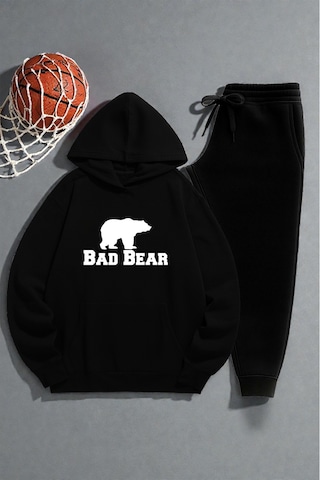 Unisex Bad Bear Baskılı Sweatshirt Eşofman Takımı Siyah