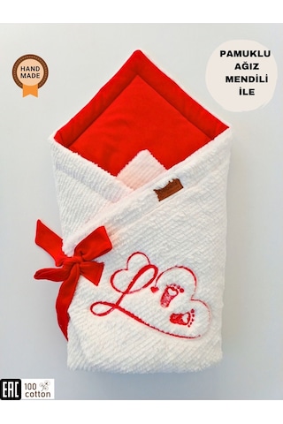 Kışlık Bebek Battaniyesi & Kundağı - Kalp Deseni İşlemeli Hastane Çıkışı Yenidoğan - Yeni Yıla Özel Ekru