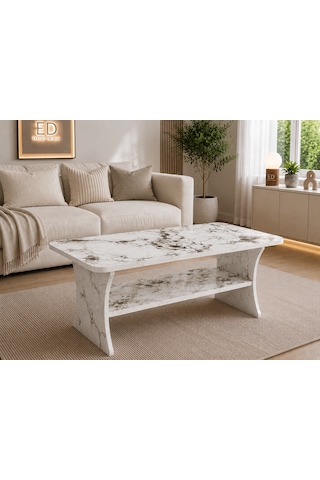 Vera Orta Sehpa, Alt Raflı Orta Sehpa, 100 X 60 Cm, Yükseklik 50 Cm, Kavisli Tasarım, Demonte Beyaz Mermer