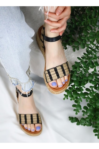 Asmi Shoes Hasır Detaylı Mantar Taban Ortopedik Taban Sandelet Siyah Siyah