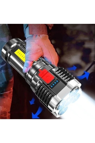 Ebitda Usb Şarjlı 4 Led + Cob Led Taktik El Feneri - Siyah - Dayanıklı Ve Parlak Aydınlatma Siyah