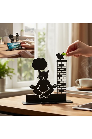 Meditasyon Yapan Kedi Ve Kuş Tasarımlı Dekoratif Metal Telefon Standı