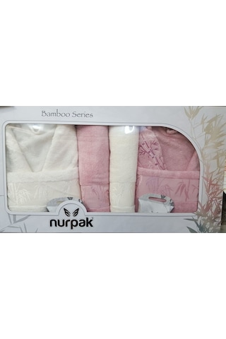 Nurpak Bambu Aile Bornoz Seti Gül Kurusu Krem