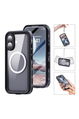 Apple Uyumlu İphone 16 Kılıf 360 Ön Ve Arka Koruyucu Su Geçirmez 1-1 Silikon 2mm Zırhlı Pc+tpu Kapak Siyah