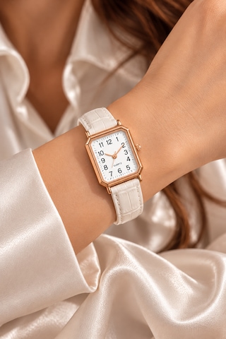 Kadın Kol Saati Rose Gold Kasa, Deri Kordon Beyaz