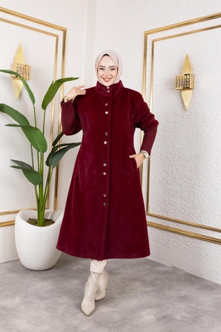 Hb Harma Time Butik Kadın Astarlı Angora Düğmeli Bordo Kaban Bordo Bordo