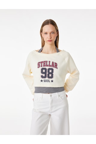 Koton Rahat Kalıp Uzun Kollu Boyundan Bağlama Detaylı Crop Baskılı Sweatshirt Ekru 6sal10378ık