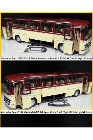 1:24 Ölçek 25 Cm Mercedes-benz O302 Sesli Işıklı Metal Model Otobüs Bordo