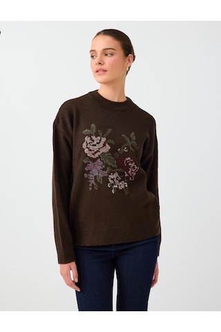 Jimmy Key Acı Kahve Floral Desenli Kroşe Detaylı Triko Kazak 6ww137817803 Kahverengi